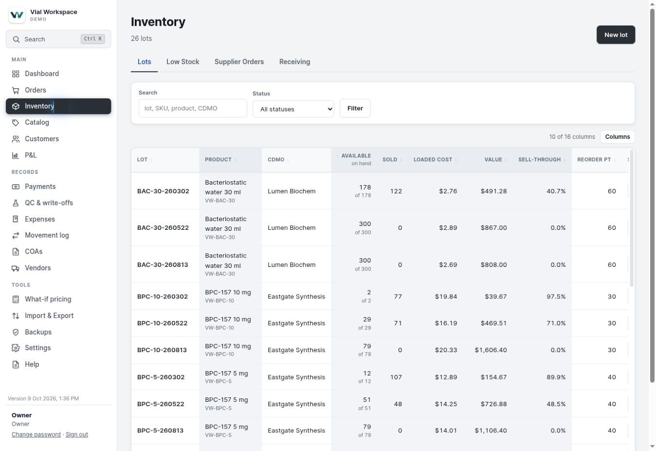 Inventory screen listing lots with available stock, loaded cost, value and sell-through
