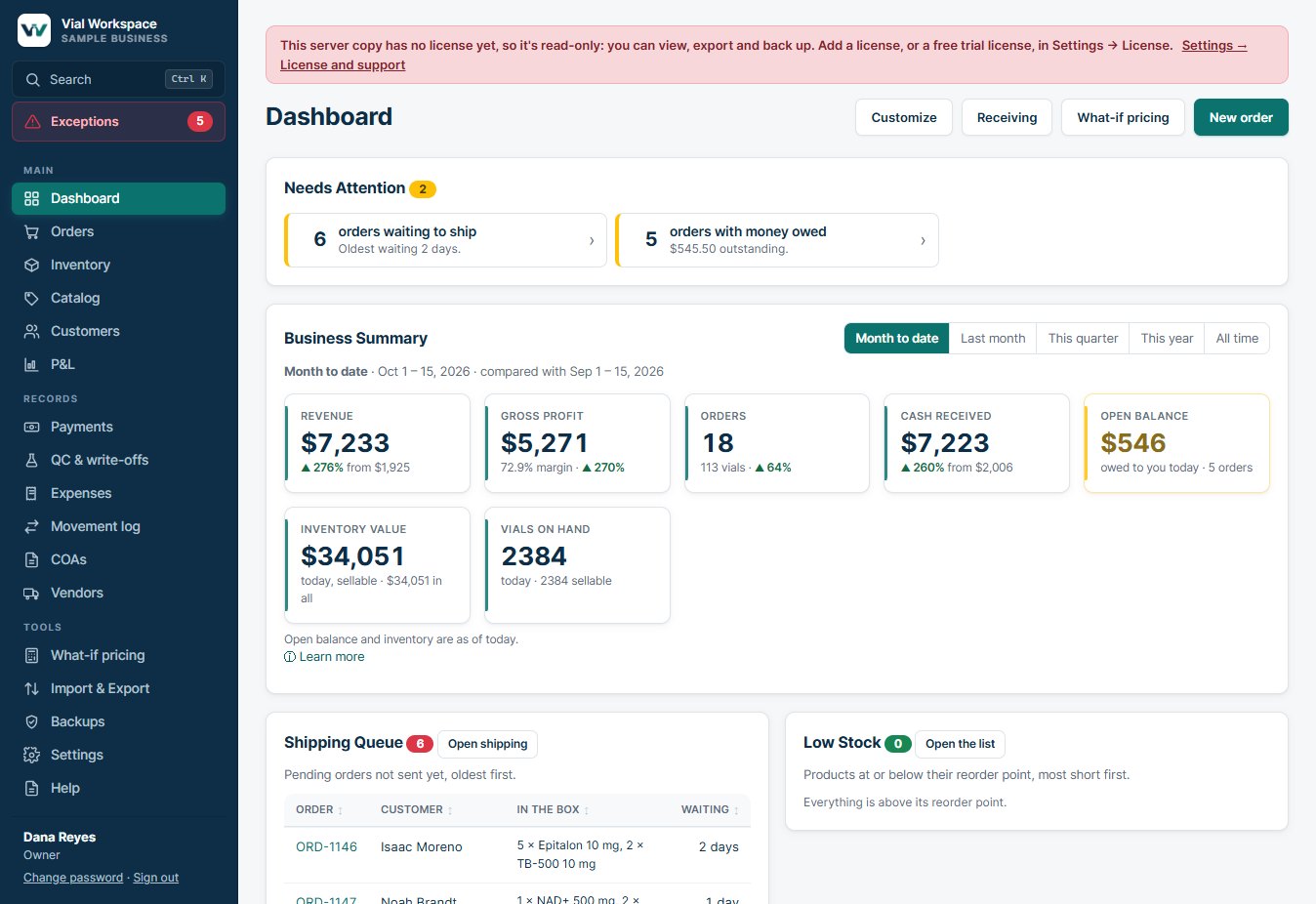 Owner dashboard with items needing attention and a month-to-date business summary