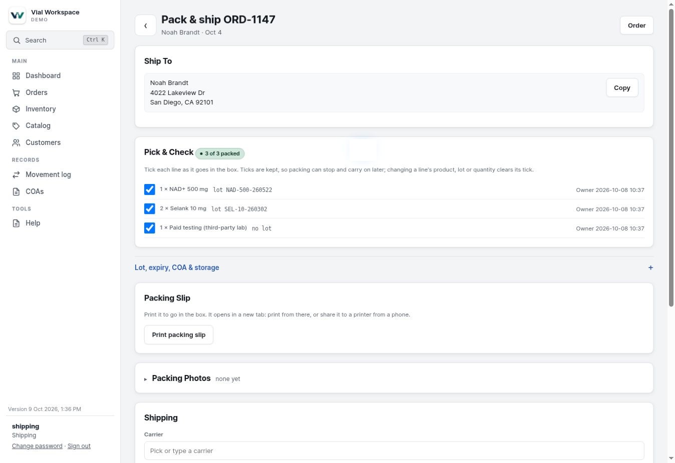 Pack and ship screen with the ship-to address and a pick and check list of three ticked lines